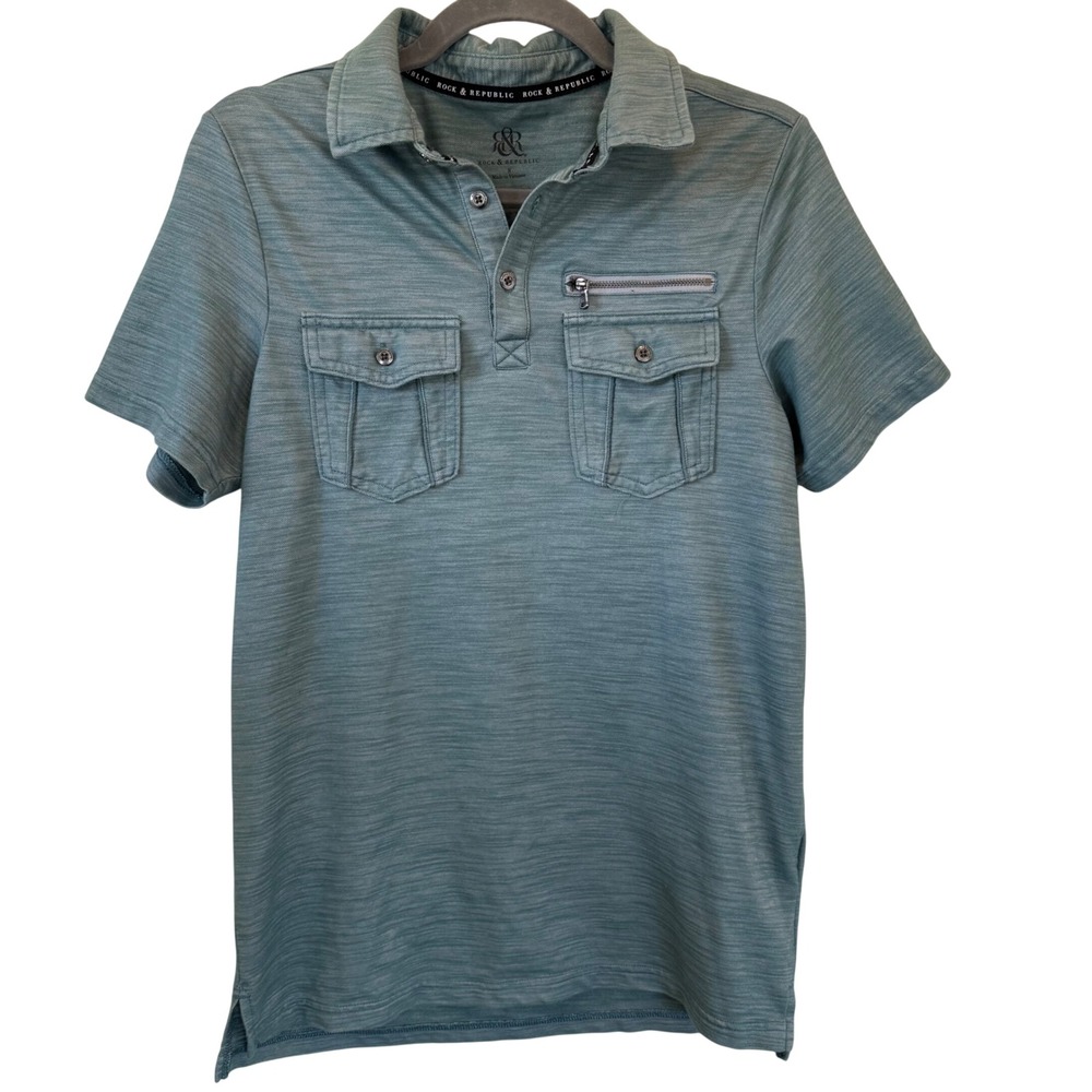 Rock & Republic Mens Utility Polo Shirt Teal Green Slub‎ Knit Short Sleeve Small